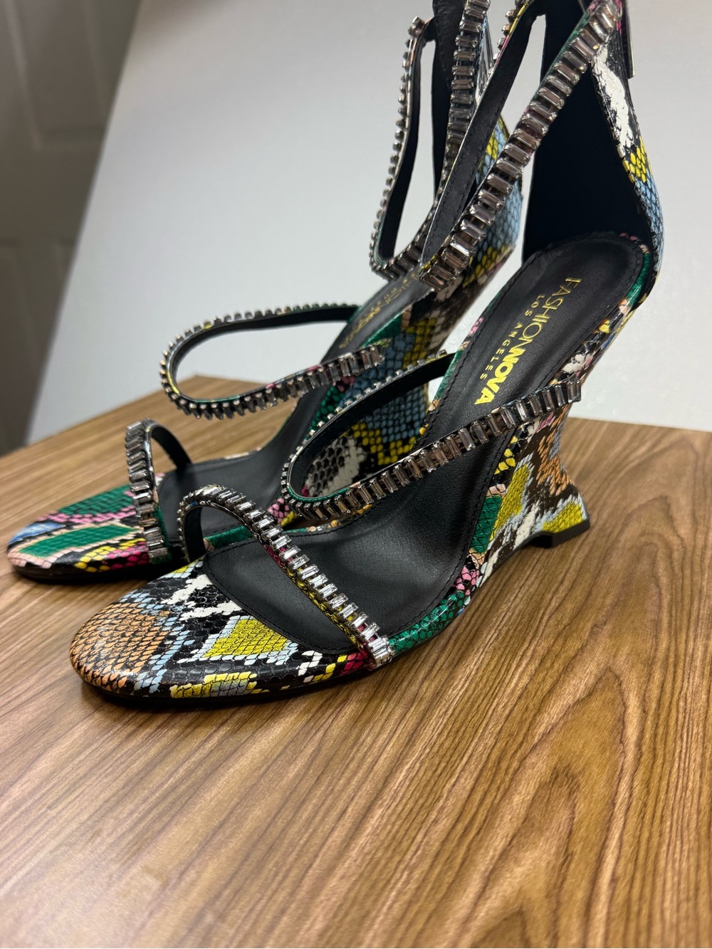Fashion Nova Multicolor Snake-Print Wedge Sandals with Rhinestone Straps